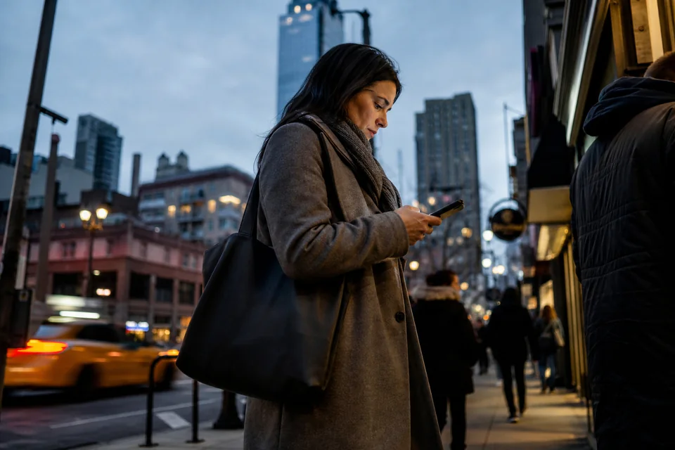 A woman on a city sidewalk searching on her phone outside a row of shops at dusk
