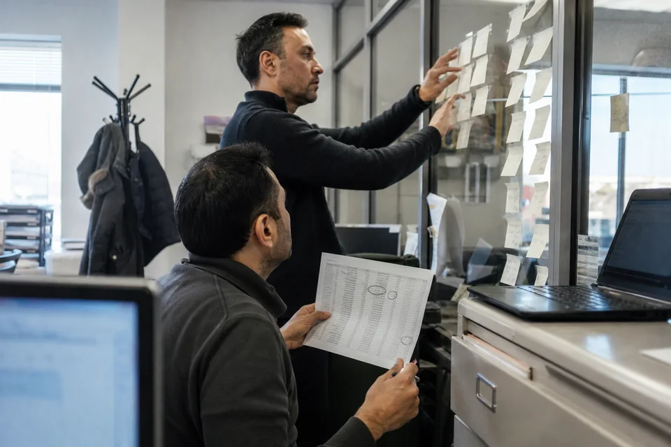 Two colleagues grouping a printed keyword list with sticky notes on a glass wall in an agency office